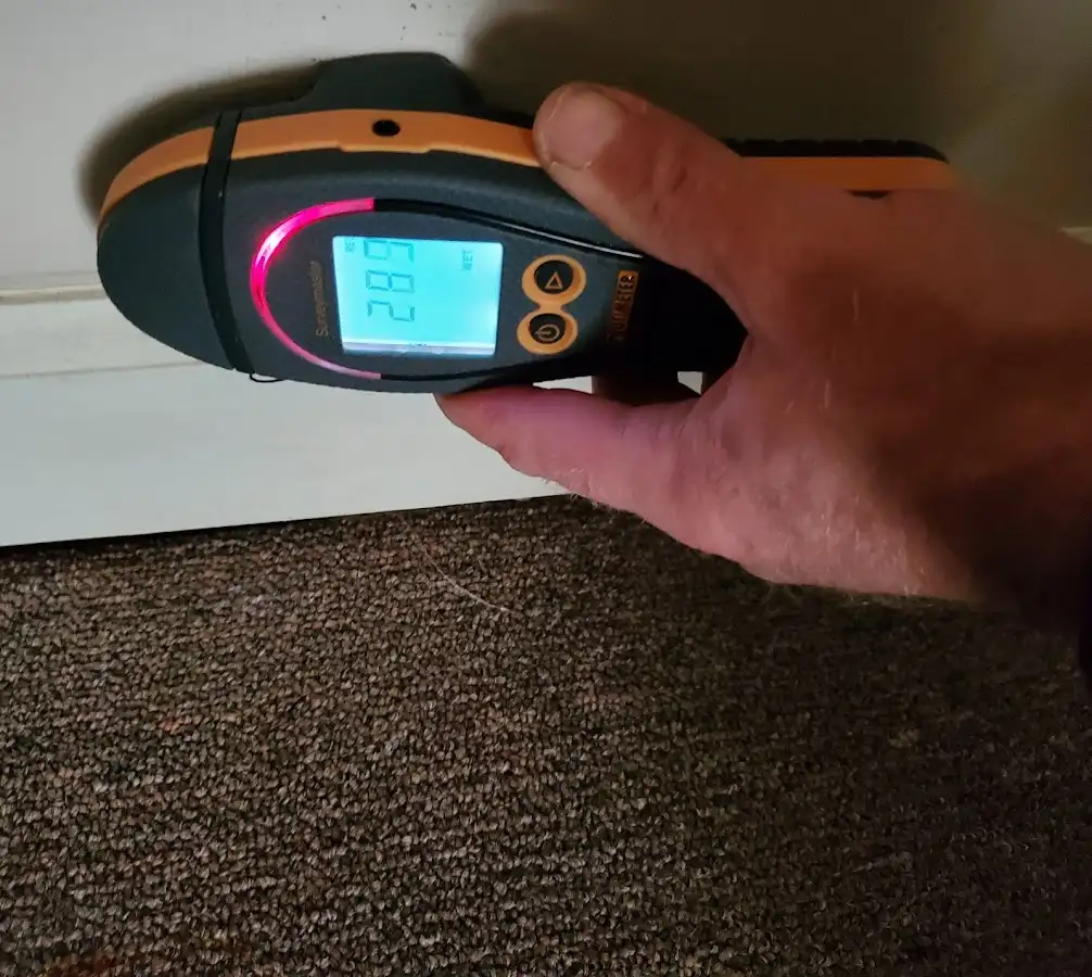 Moisture detection at baseboard during Storm Damage Restoration in Gray